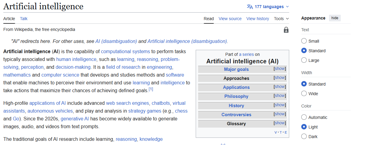 A Wikipedia article on Artificial Intelligence captured for VZLyze analysis