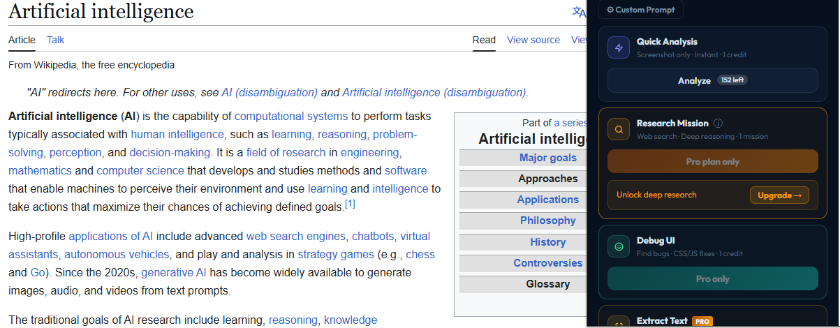 VZLyze popup showing Quick Analysis and Research Mission modes with credit counts