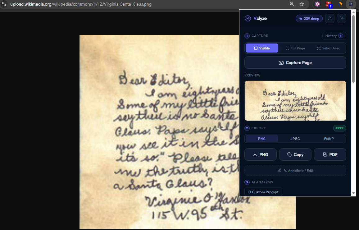VZLyze capturing a handwritten letter from a webpage