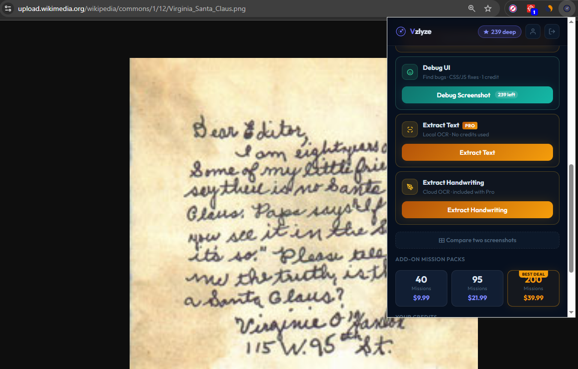 VZLyze popup menu showing Extract Text and Extract Handwriting options