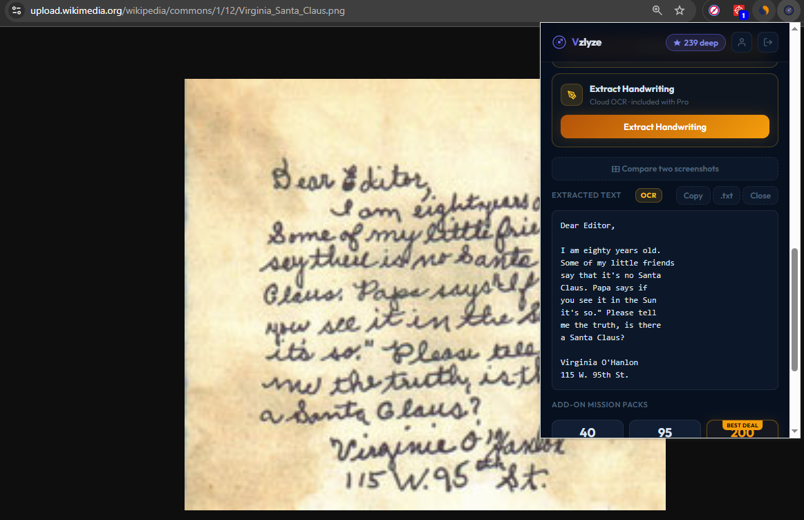 VZLyze showing the transcribed handwritten letter in the result panel