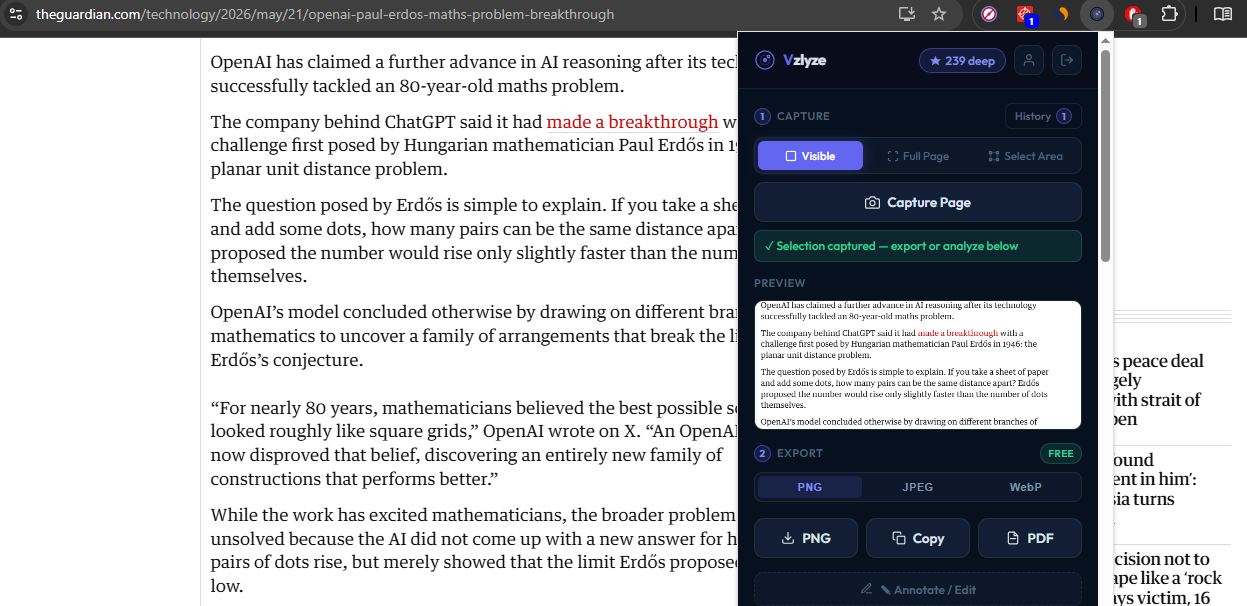 VZLyze capturing a region of text from a webpage