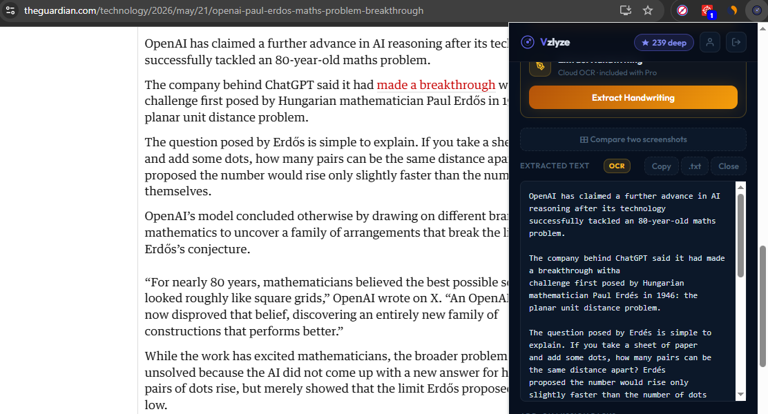 VZLyze result panel showing the extracted text from the captured paragraph