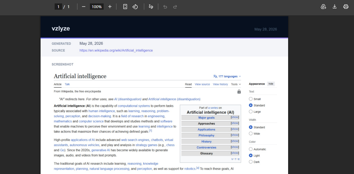 An exported VZLyze PDF showing the source URL, capture date, and embedded screenshot