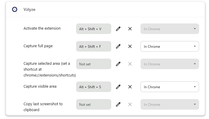 Chrome extensions shortcuts page showing Vzlyze with Activate the extension on Alt+Shift+V, Capture full page on Alt+Shift+F, Capture visible area on Alt+Shift+S, and two unbound shortcuts